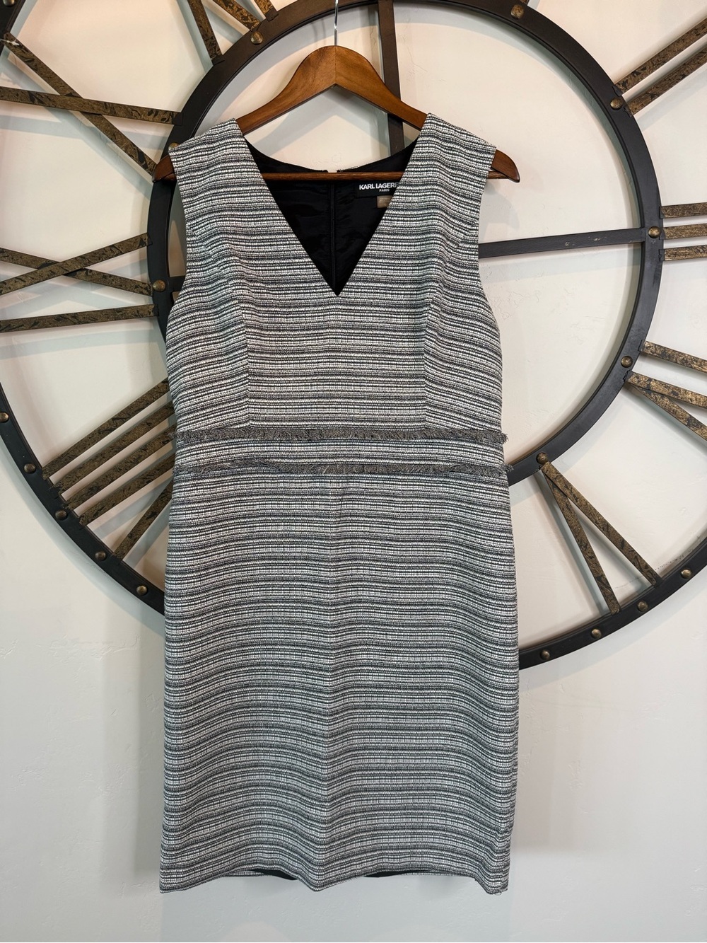 Karl Lagerfeld Black and White Striped V-Neck Midi Dress